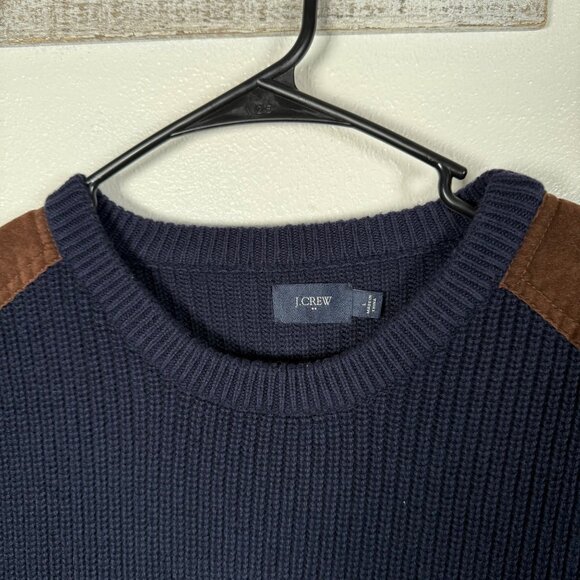 J.Crew Sweater Men's Large Suede Shoulder Patch Blue Woodsman Military Knit - Picture 3 of 12